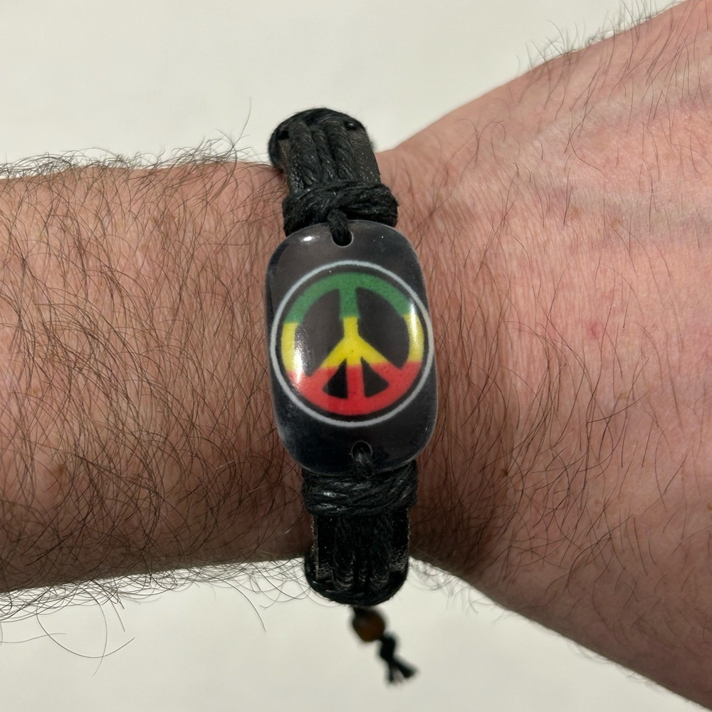 Rasta Peace Sign Stoned Black Leather Adjustable Wristband Bracelet Anklet OSFM
